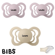 BIBS Couture Sutter med navn str2, 1Vanilla, 2 Dusky Lilac, Anatomisk Silikone, Pakke med 3 sutter